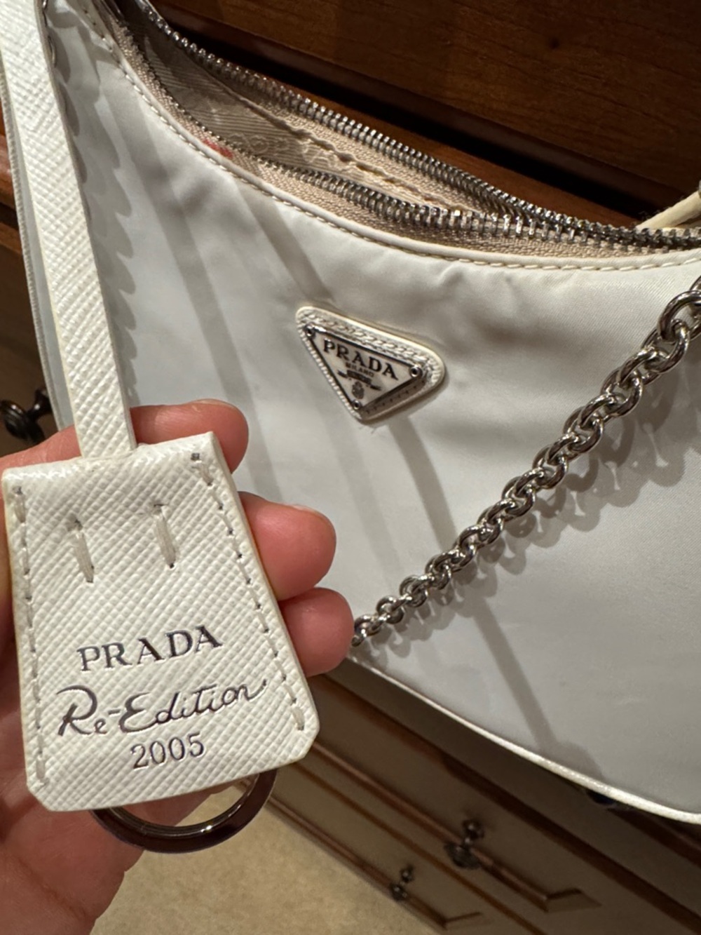 Prada  style Cream Nylon Shoulder Bag with Beige Webbing Strap - Picture 7 of 7